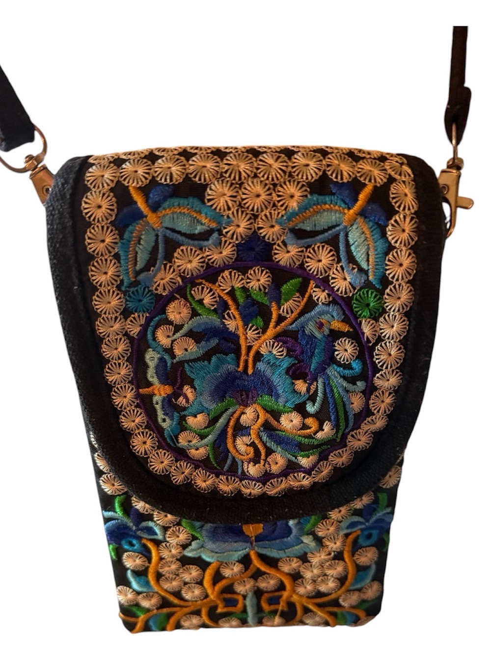 Embroidered Canvas Floral Crossbody Bag in Black with Multicolor-accents Boho.